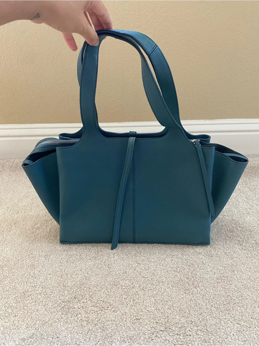 Celine Teal Blue Pebbled Leather Medium Trifold Tote